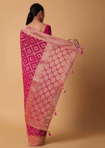 Pink Banarasi Georgette Saree With Bandhani Detail And Unstitched Blouse Piece