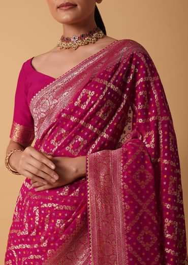 Pink Banarasi Georgette Saree With Bandhani Detail And Unstitched Blouse Piece