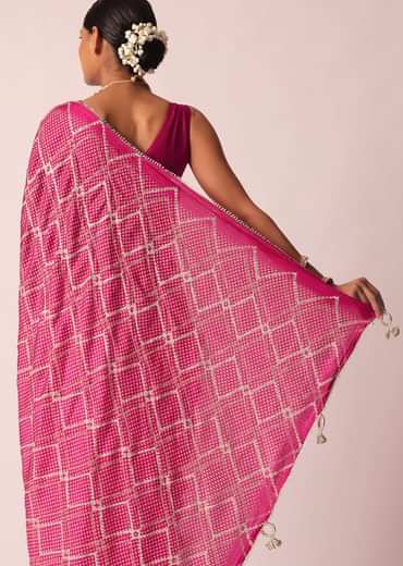 Pink Bandhani Saree With Gota Detail And Unstitched Blouse Piece