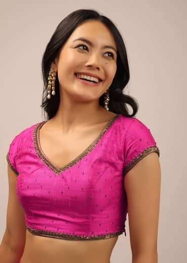 Pink Blouse In Raw Silk With Cap Sleeves And Cut Dana Embroidery