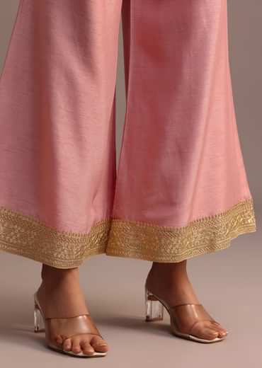 Pink Brocade Weave Kurti Palazzo Suit With Dupatta