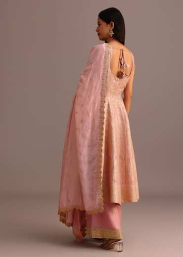 Pink Brocade Weave Kurti Palazzo Suit With Dupatta
