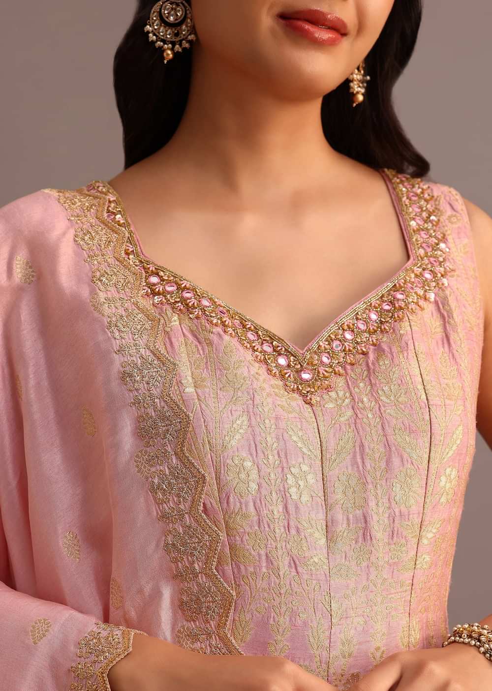 Pink Brocade Weave Kurti Palazzo Suit With Dupatta