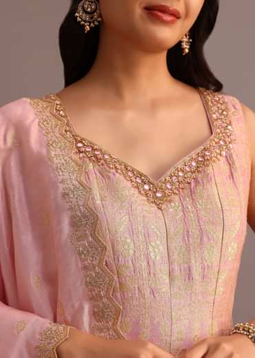 Pink Brocade Weave Kurti Palazzo Suit With Dupatta