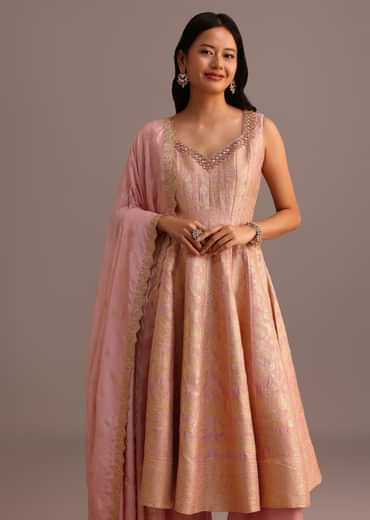 Pink Brocade Weave Kurti Palazzo Suit With Dupatta
