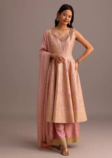 Pink Brocade Weave Kurti Palazzo Suit With Dupatta