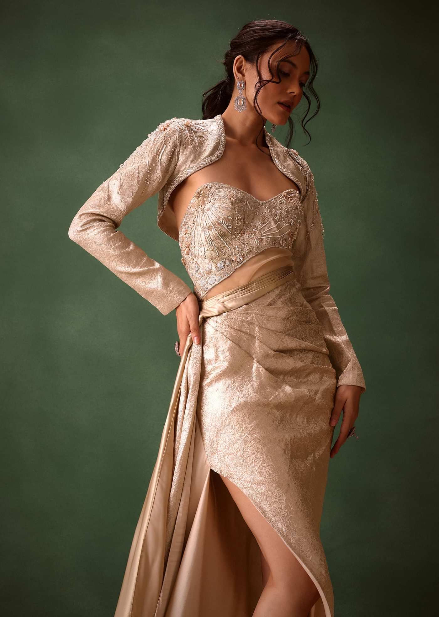 Beige Brocade Gown with Crop Jacket