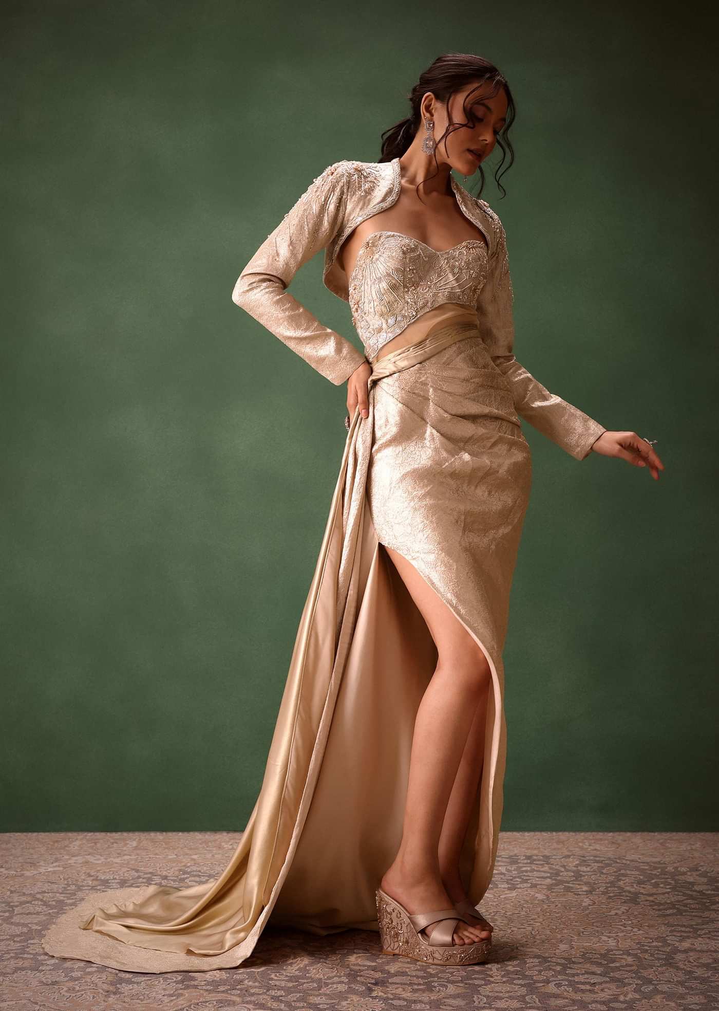Beige Brocade Gown with Crop Jacket