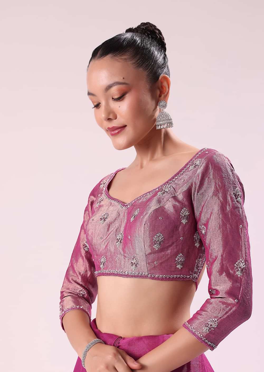 Pink Chanderi Tissue Saree With Silver Rani Tissue Stitched Blouse