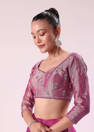 Pink Chanderi Tissue Saree With Silver Rani Tissue Stitched Blouse
