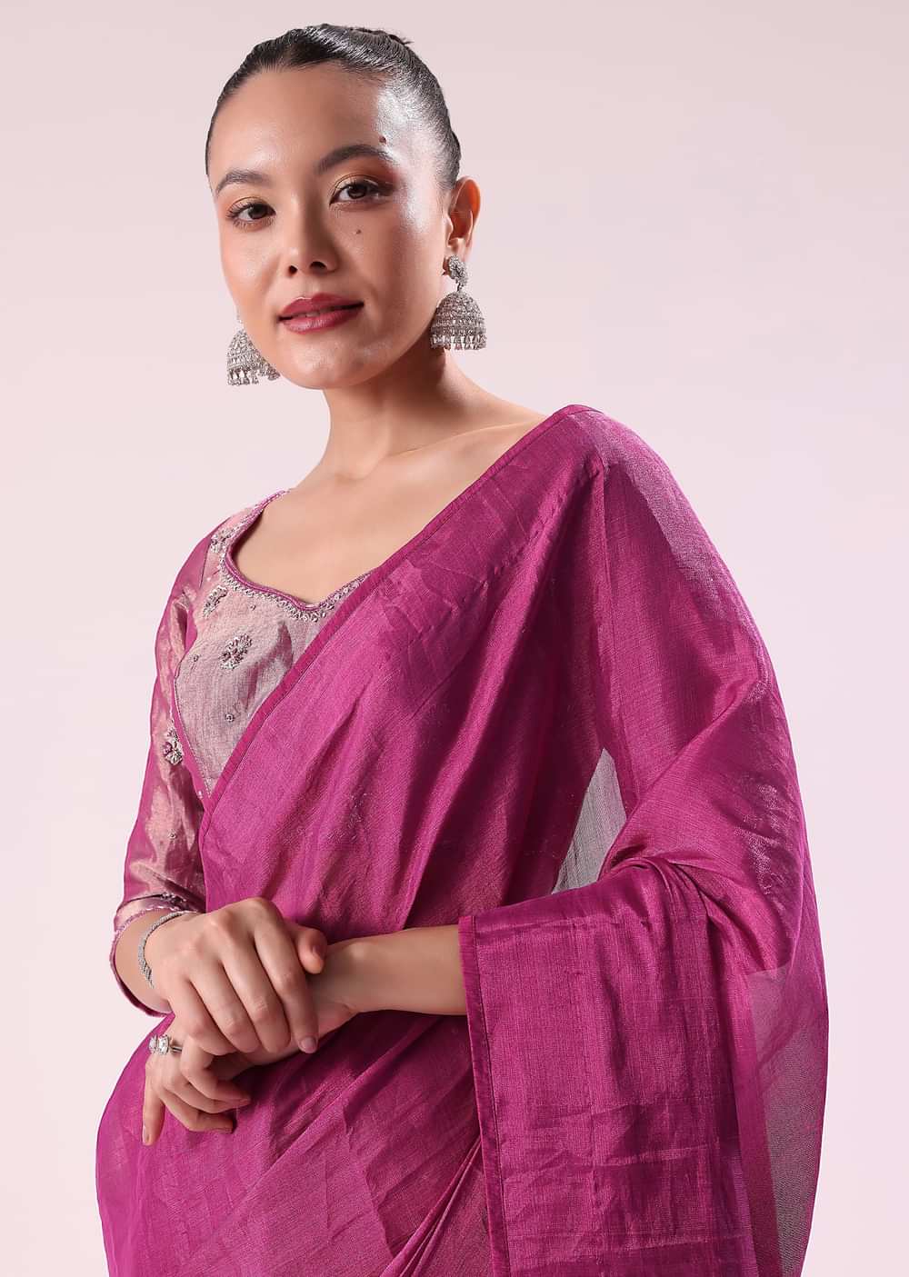 Pink Chanderi Tissue Saree With Silver Rani Tissue Stitched Blouse
