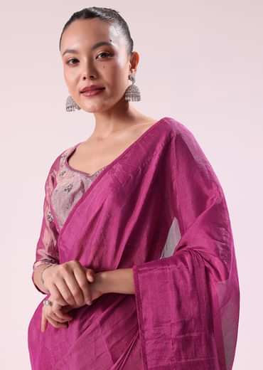 Pink Chanderi Tissue Saree With Silver Rani Tissue Stitched Blouse