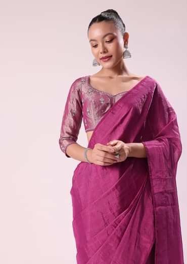 Pink Chanderi Tissue Saree With Silver Rani Tissue Stitched Blouse