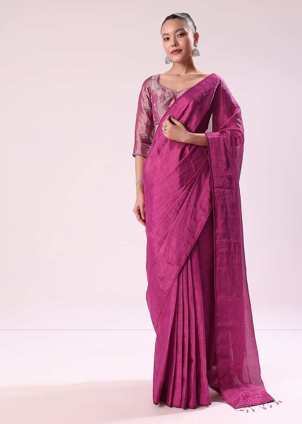 Pink Chanderi Tissue Saree With Silver Rani Tissue Stitched Blouse