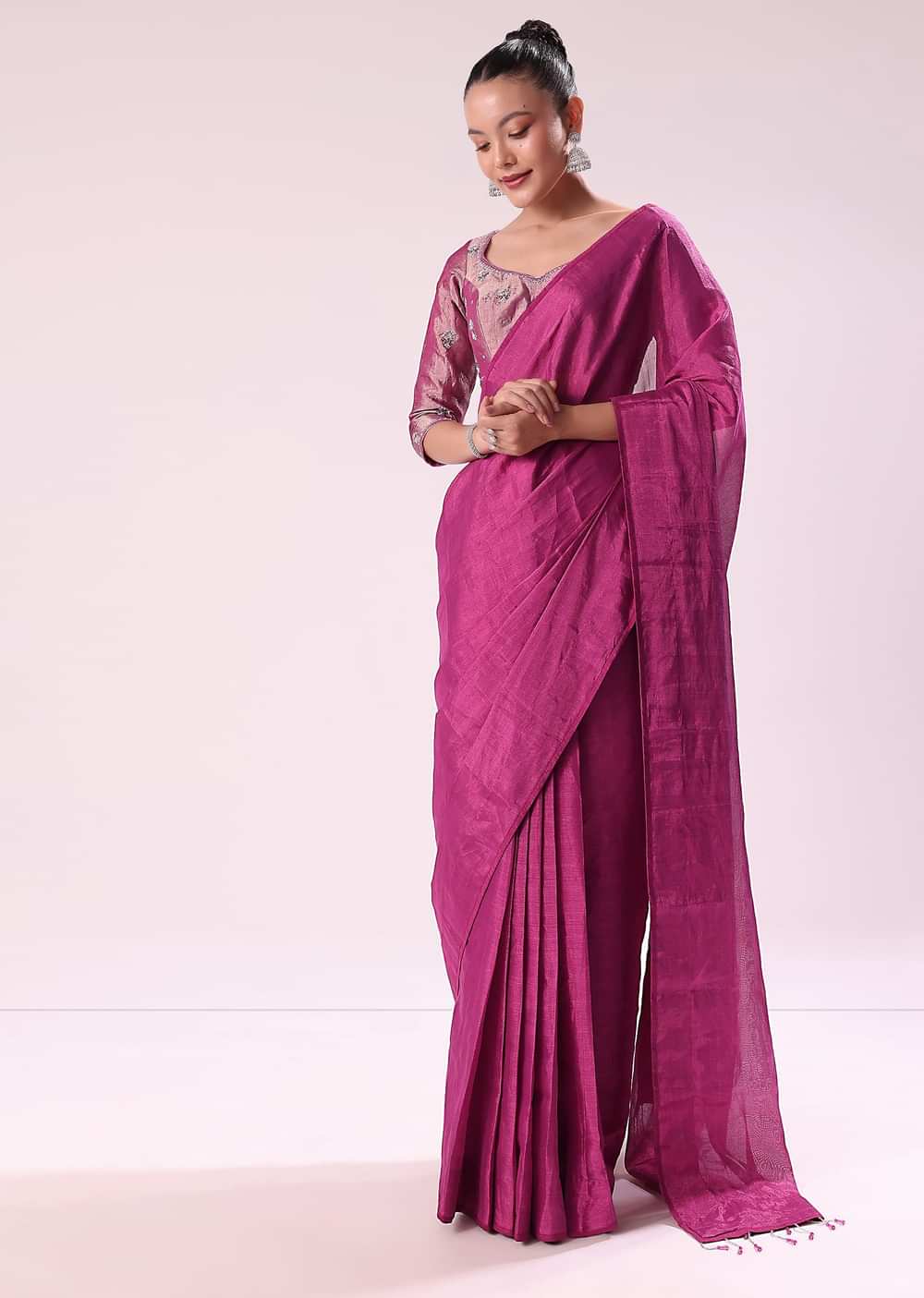 Pink Chanderi Tissue Saree With Silver Rani Tissue Stitched Blouse