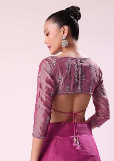 Pink Chanderi Tissue Saree With Silver Rani Tissue Stitched Blouse