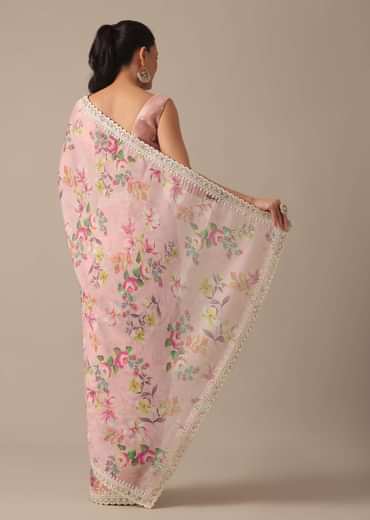 Pink Chiffon Saree With Floral Prints And Unstitched Blouse Piece