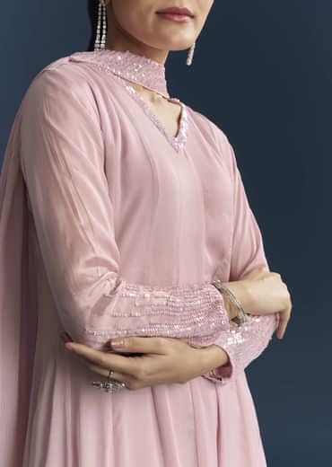 Pink Chinon Anarkali Suit With Sequins Work