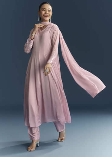 Pink Chinon Anarkali Suit With Sequins Work