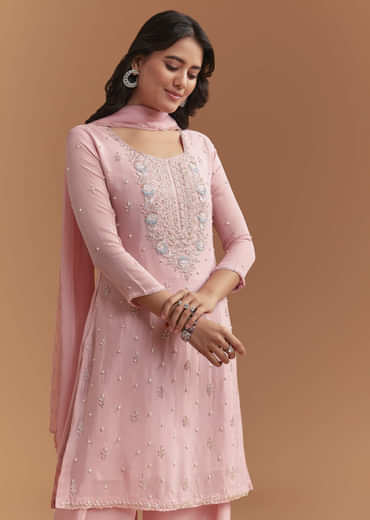 Pink Chinon Palazzo Suit With Cutdana And Sequins Work
