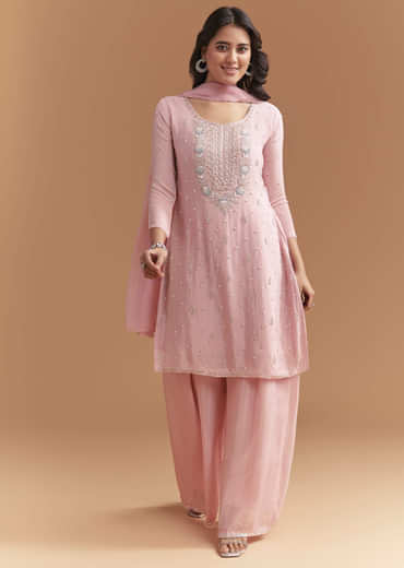 Pink Chinon Palazzo Suit With Cutdana And Sequins Work