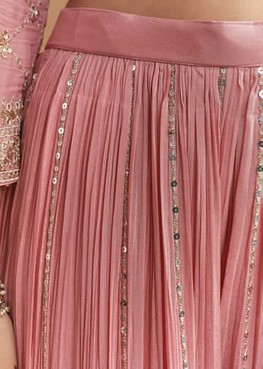Pink Chinon Palazzo Suit With Intricate Hand Work