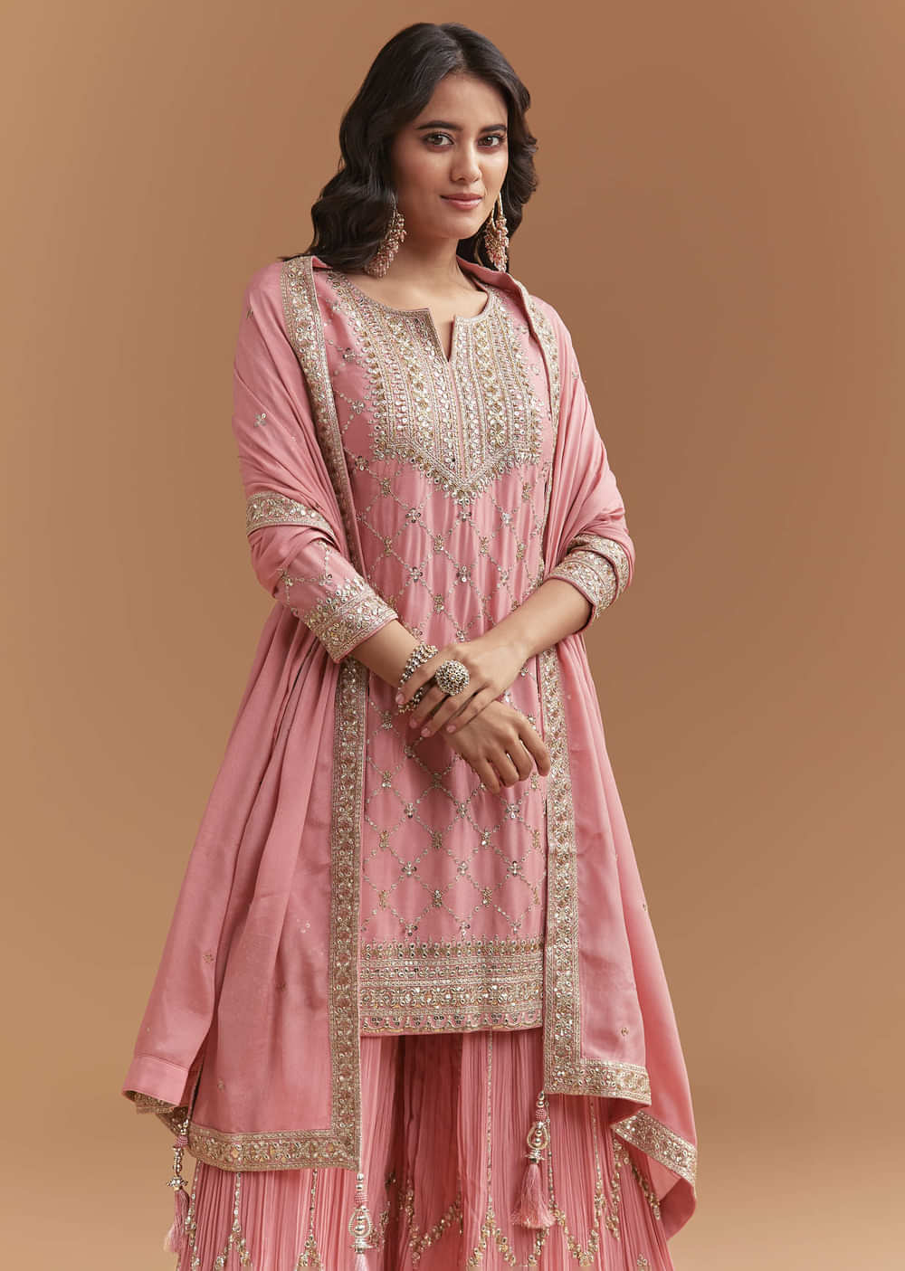 Pink Chinon Palazzo Suit With Intricate Hand Work