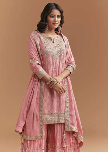 Pink Chinon Palazzo Suit With Intricate Hand Work