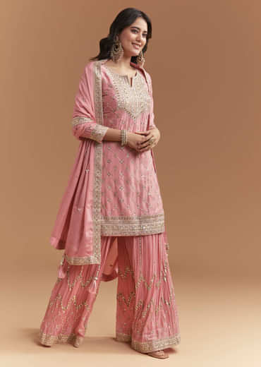 Pink Chinon Palazzo Suit With Intricate Hand Work