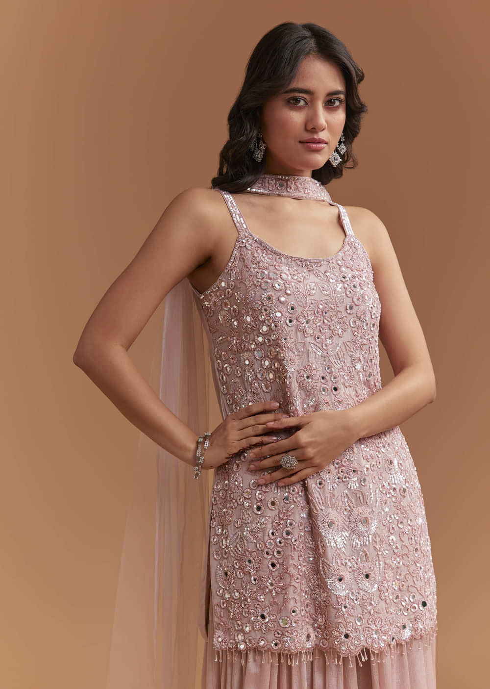 Pink Chinon Palazzo Suit With Intricate Hand Embroidery