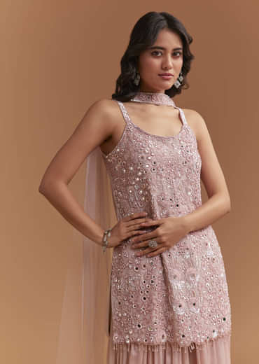 Pink Chinon Palazzo Suit With Intricate Hand Embroidery
