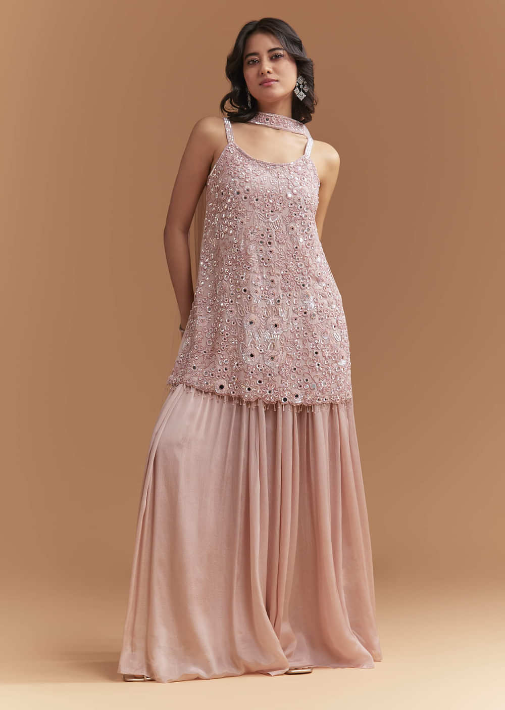 Pink Chinon Palazzo Suit With Intricate Hand Embroidery