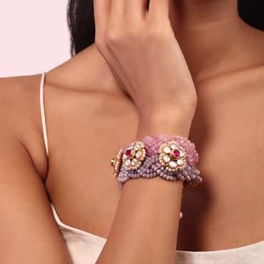 Pink Crystal Beaded With Kundan Studs Bracelet
