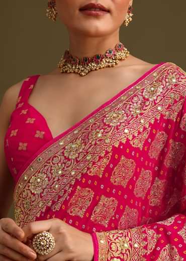 Pink Cutdana Embroidered Bandhani Weave Saree With Unstitched Blouse