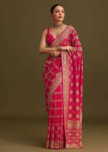 Pink Cutdana Embroidered Bandhani Weave Saree With Unstitched Blouse