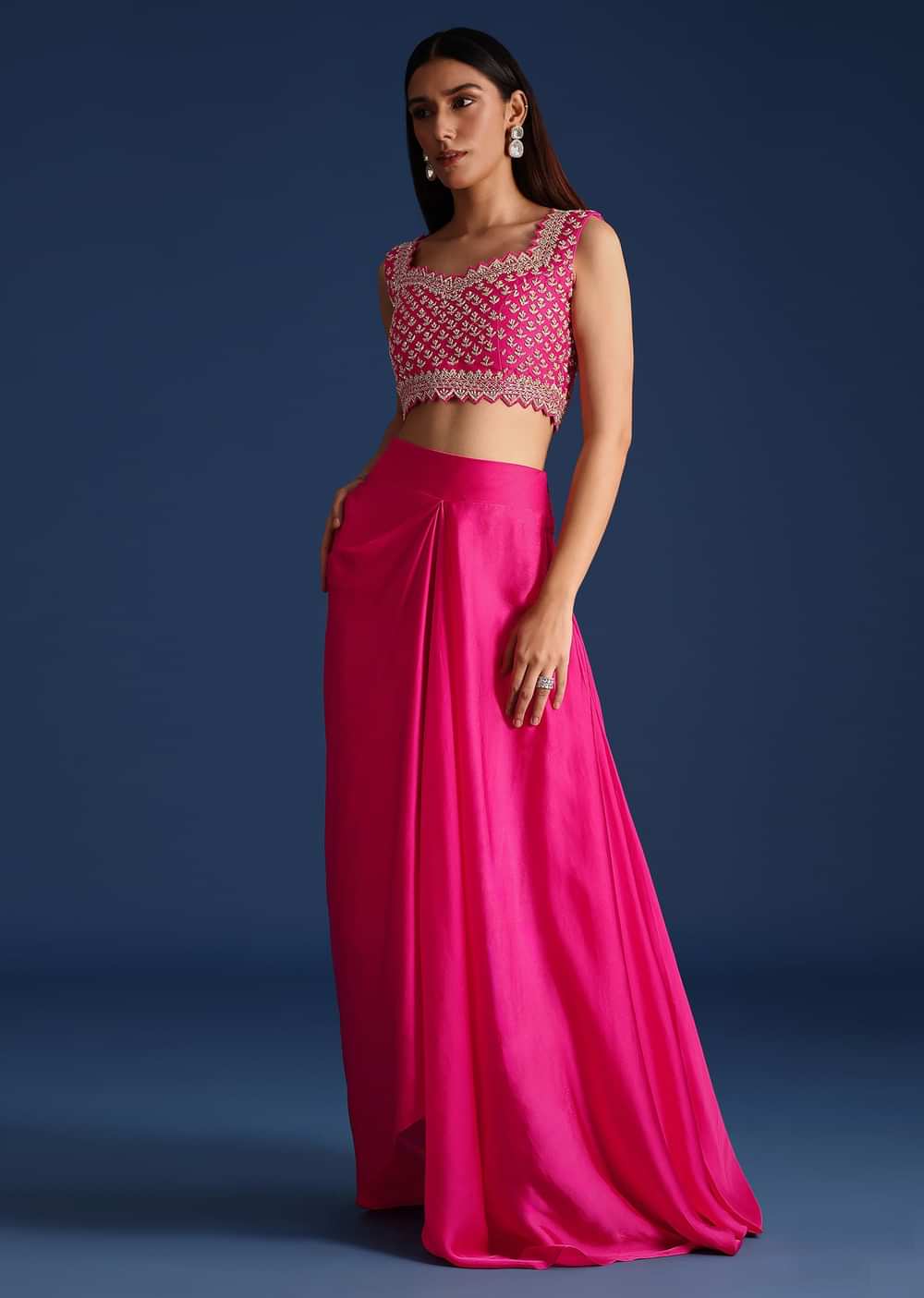 Pink Cutdana Embroidered Crop Top With Jacket And Skirt