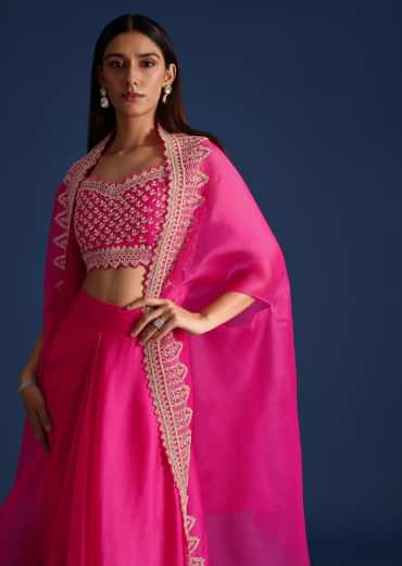 Pink Cutdana Embroidered Crop Top With Jacket And Skirt