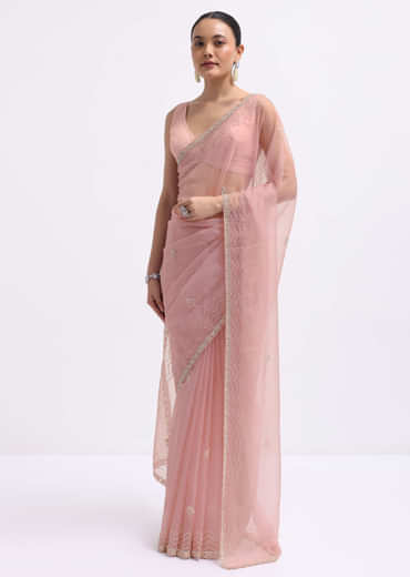 Pink Cutdana Embroidered Organza Saree With Unstitched Blouse