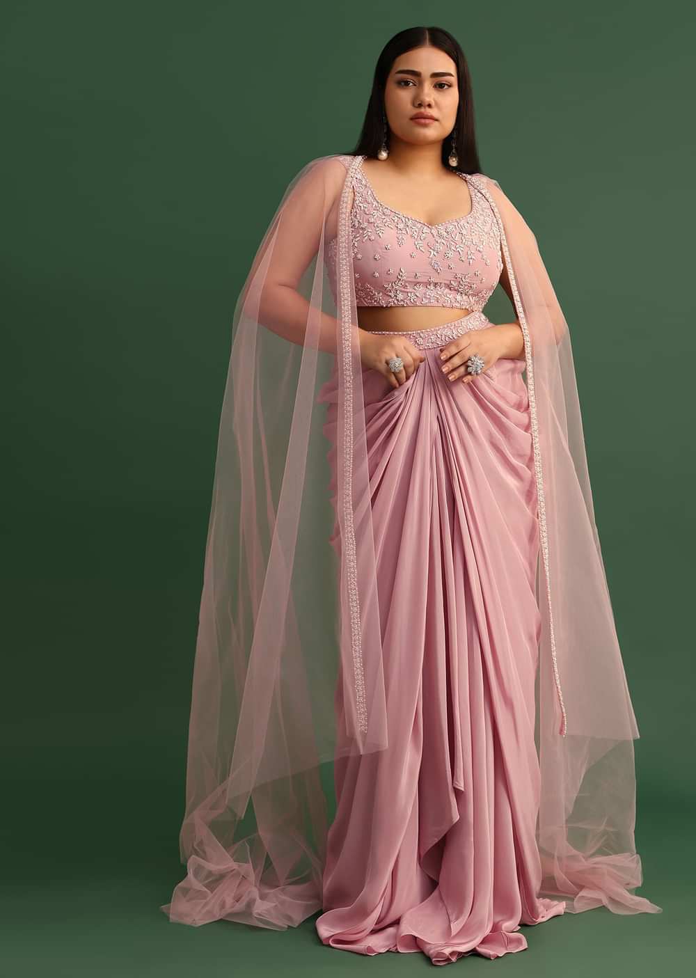 Peony Pink Draped Skirt With Sweatheart Neck Blouse With High Low Cape