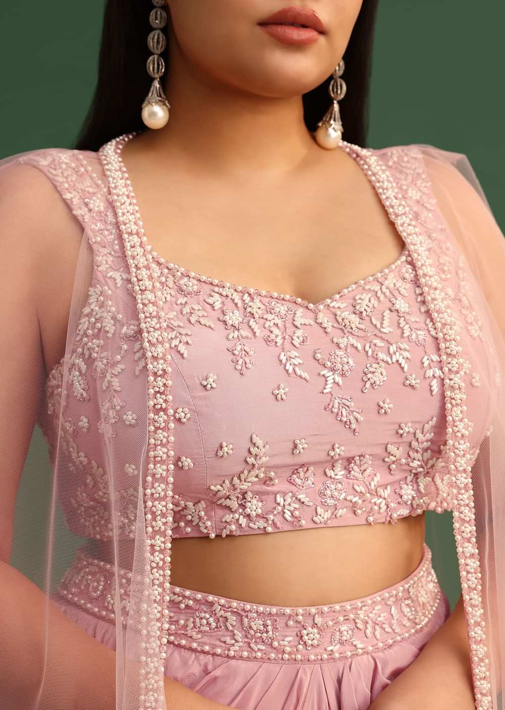 Peony Pink Draped Skirt With Sweatheart Neck Blouse With High Low Cape