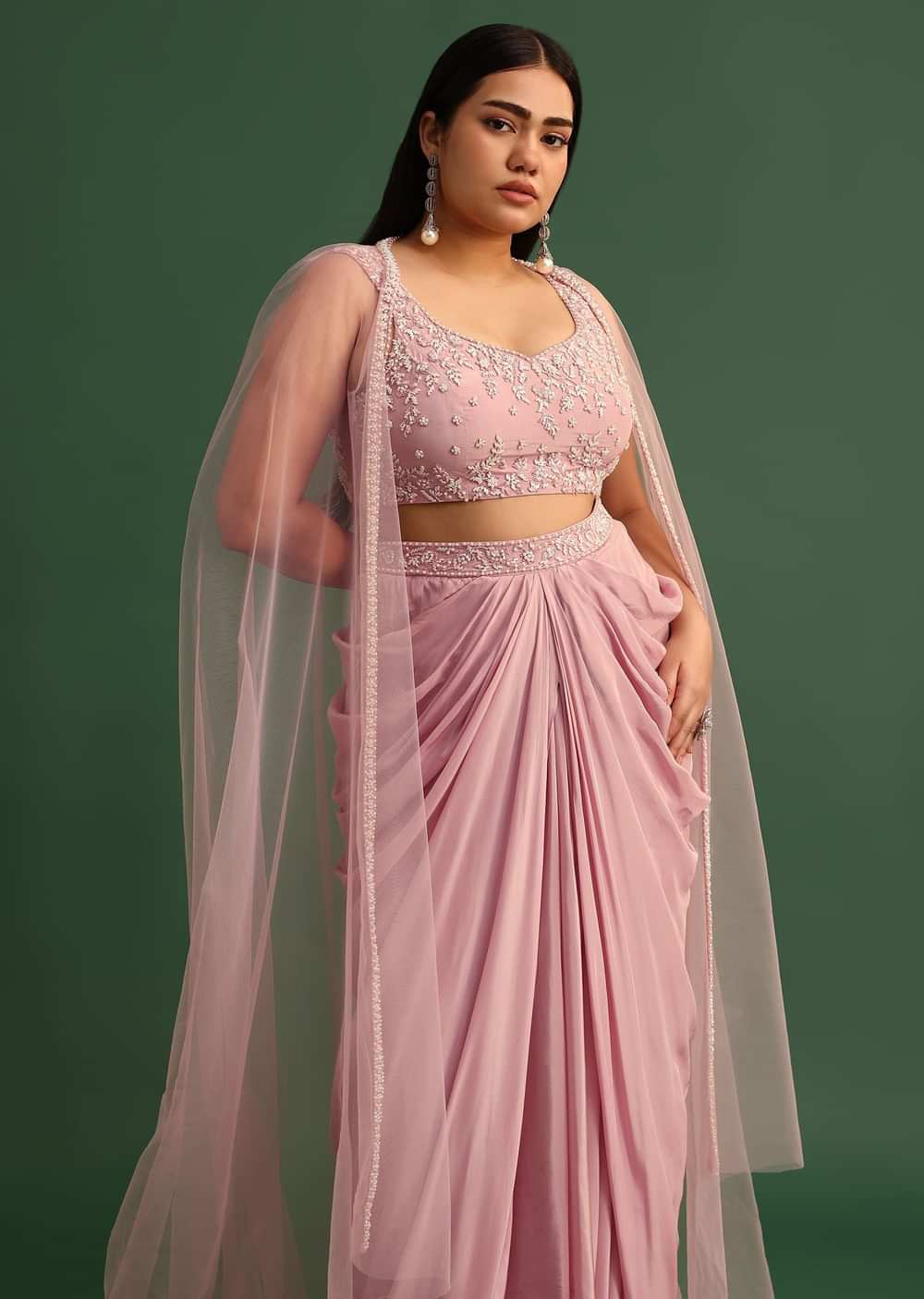 Peony Pink Draped Skirt With Sweatheart Neck Blouse With High Low Cape
