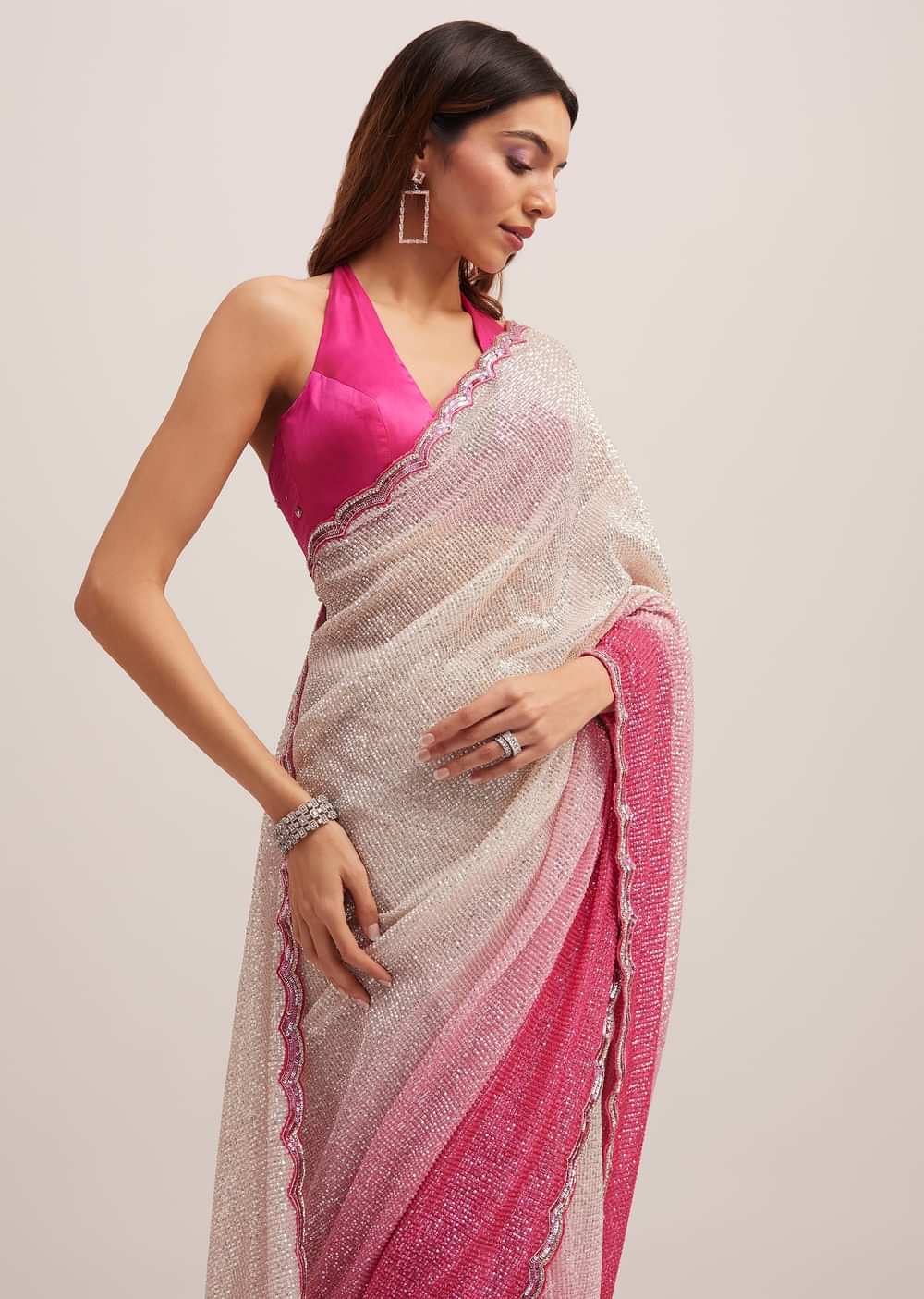 Pink Ombre Sequins Saree With Scallop Border