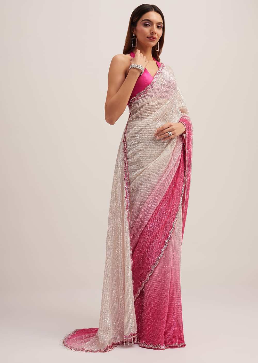 Pink Ombre Sequins Saree With Scallop Border