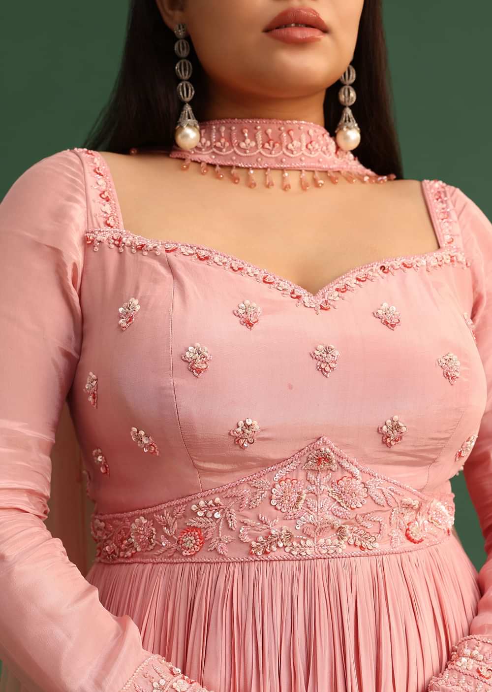 Soft Pink Embroidered Anarkali Suit With Choker Dupatta