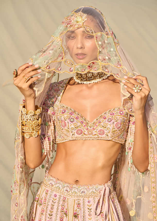 Pink Embroidered Butti Work Bridal Lehenga With Two Dupattas