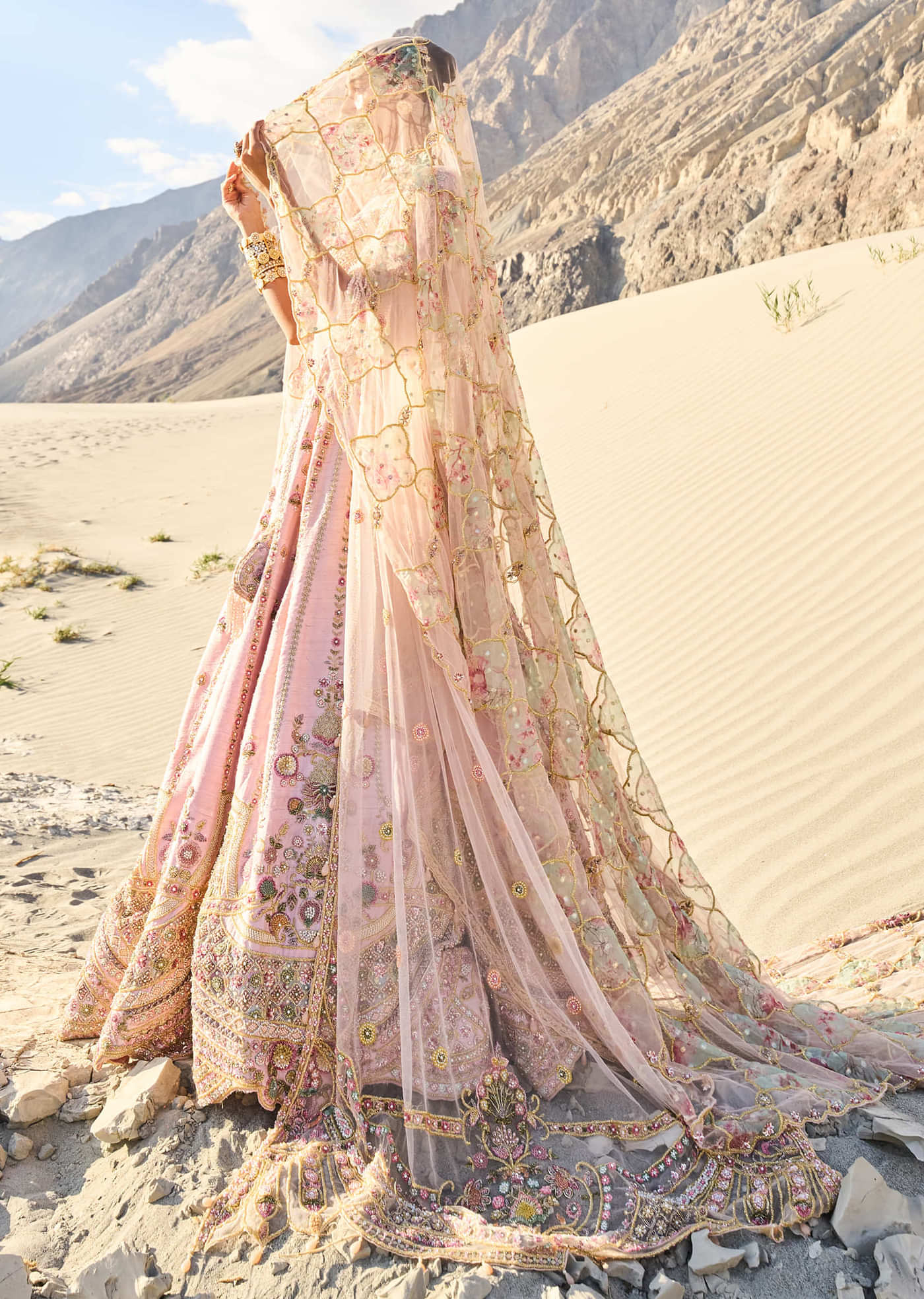 Pink Embroidered Butti Work Bridal Lehenga With Two Dupattas