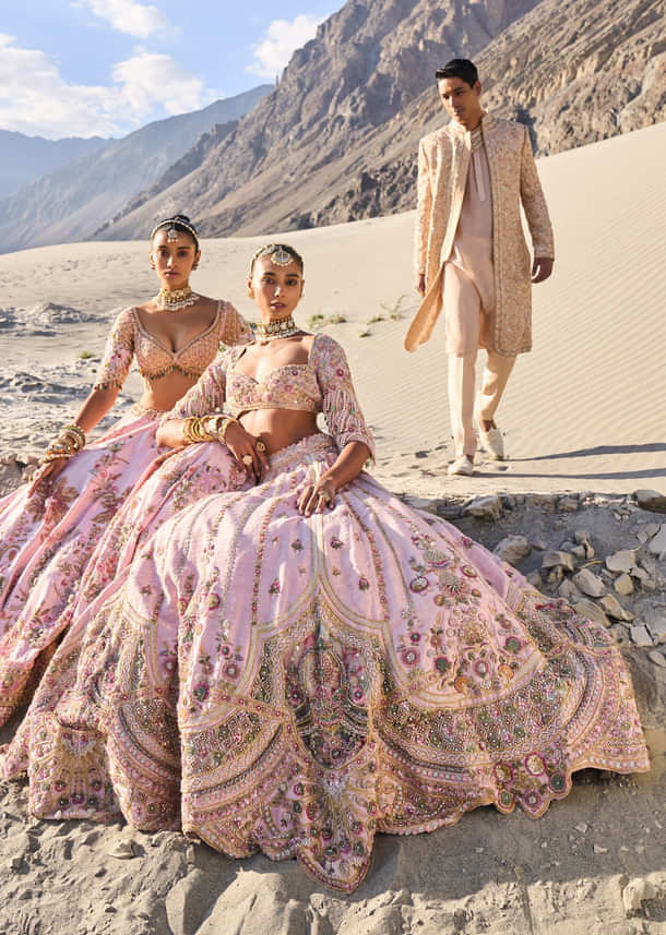 Pink Embroidered Butti Work Bridal Lehenga With Two Dupattas