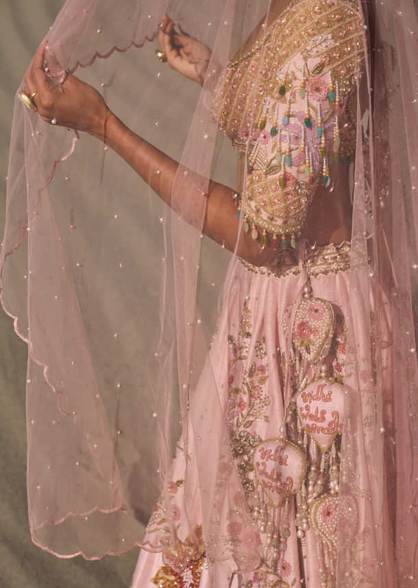 Pink Embroidered Butti Work Bridal Lehenga With Two Dupattas