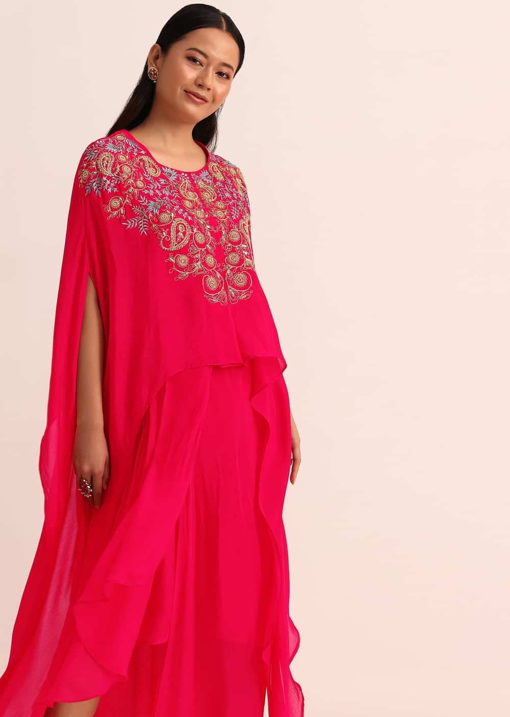 Pink Embroidered Chiffon Skirt And Cape