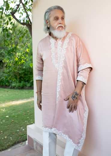 Pink Embroidered Kurta With Dupatta Set For Men